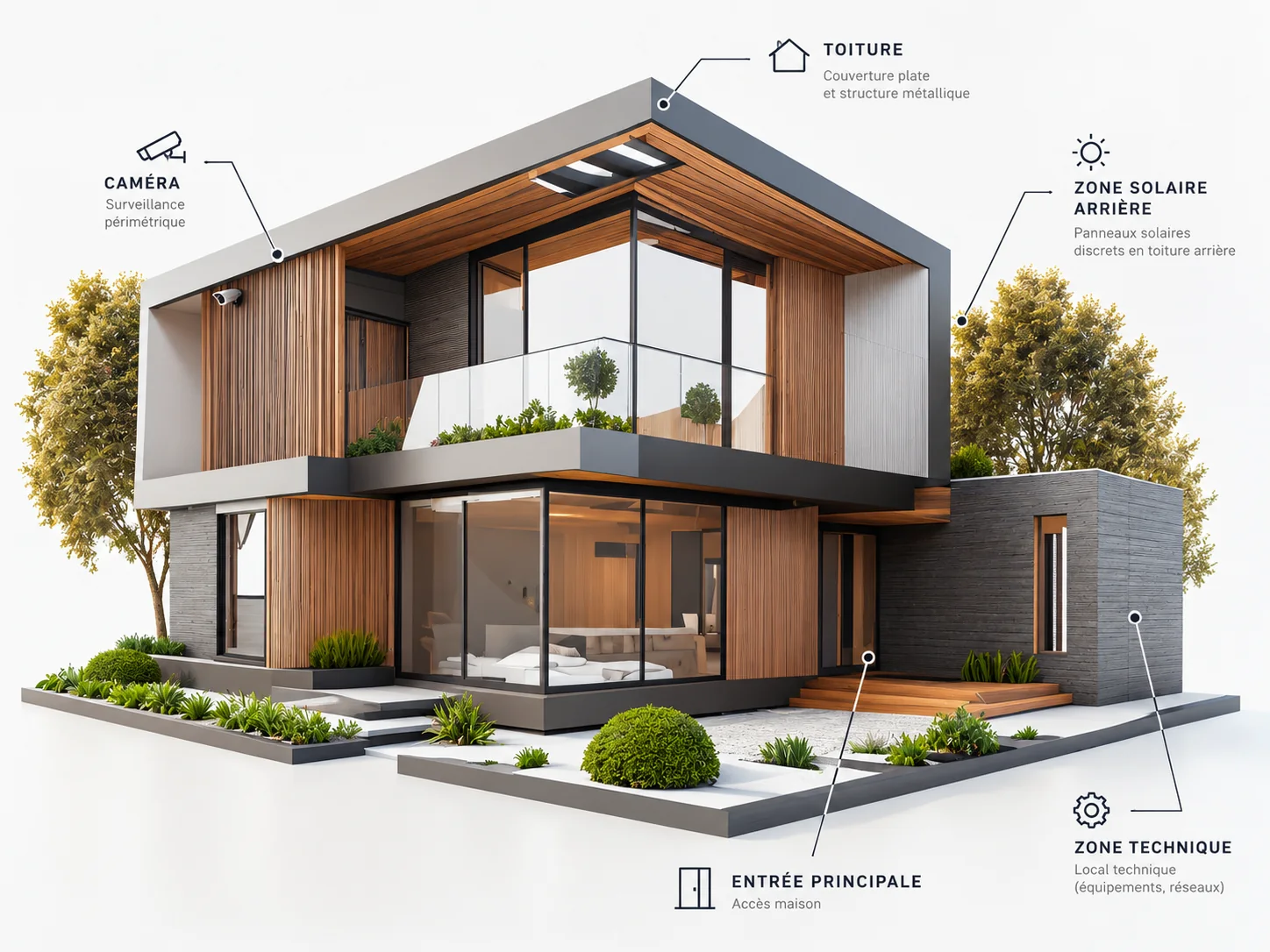 Vue générale annotée d'une maison contemporaine équipée par GBS